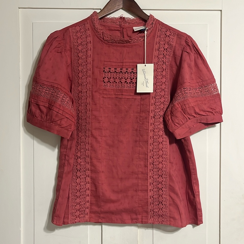 Women's Sheer and Lace Pink Top with Puff Sleeve Button up Back Size XL NWT